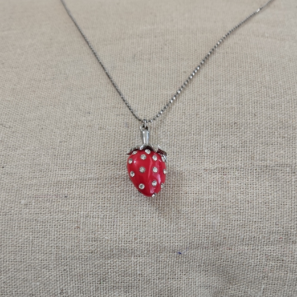 Strawberry Pendant Necklace in Red and Silver